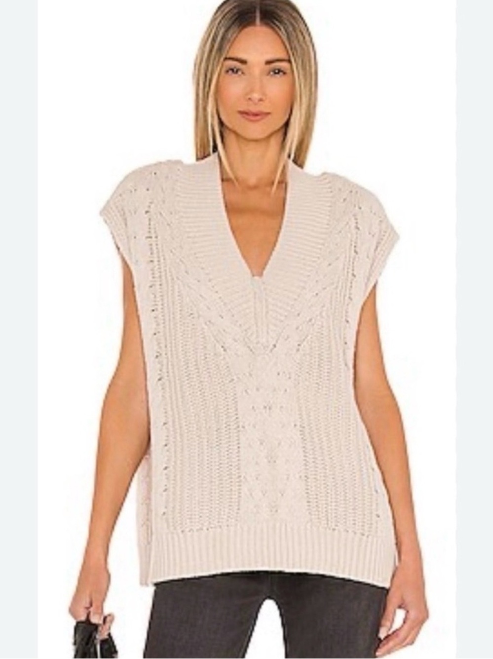 Pistola Kiran V Neck Cable Knit Sweater Vest in Tan